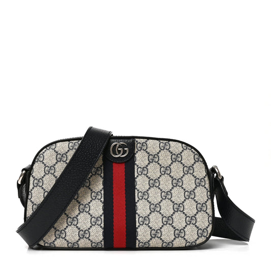 GG Supreme Monogram Textured Dollar Calfskin Web Small Ophidia Camera Bag Beige Blue