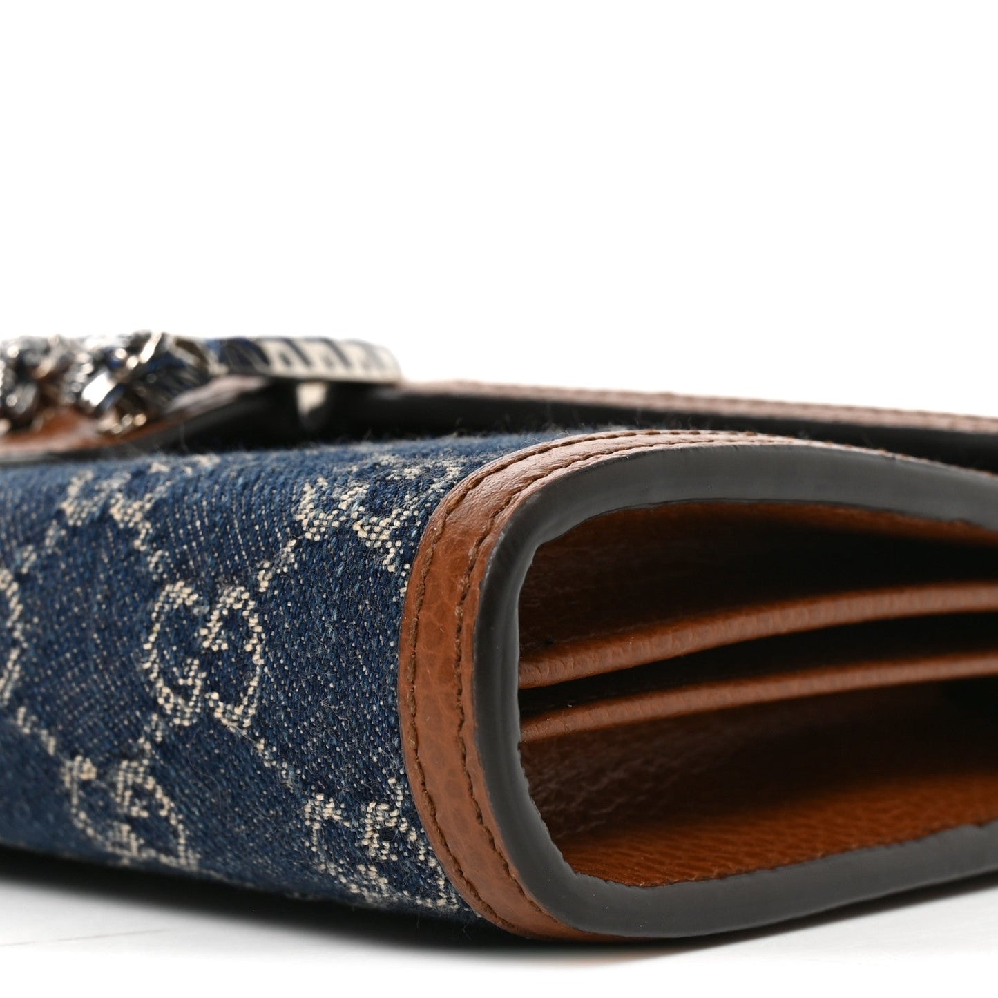 New Denim GG Monogram Dollar Calfskin Enamel Mini Dionysus Chain Wallet Blue Tea Cuir Epilog Electric Blue