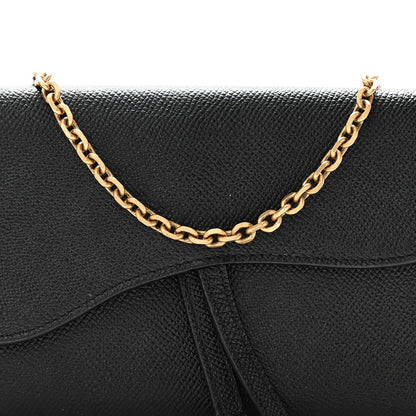 Grained Calfskin Saddle Chain Wallet Pouch Black