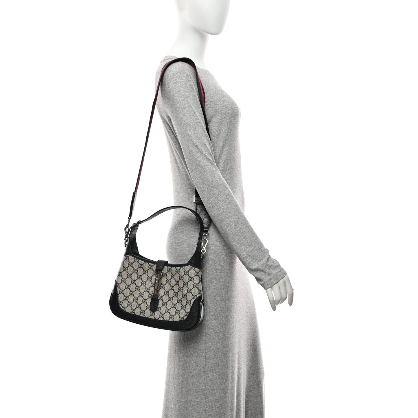 GG Supreme Monogram Textured Dollar Calfskin Web Small Jackie 1961 Hobo Beige Blue