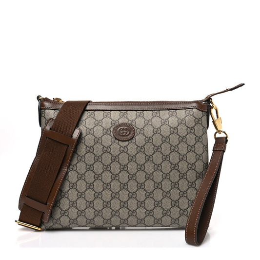 GG Supreme Monogram Azalea Calfskin Retro Interlocking G Wristlet Messenger Bag Beige Ebony Brown Sugar