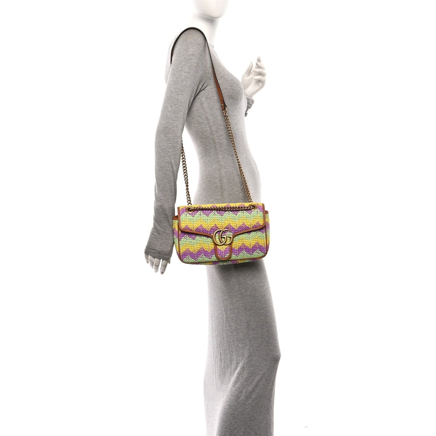 Calfskin Raffia Woven Small GG Marmont Shoulder Bag Multicolor