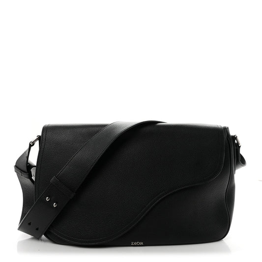 Grained Calfskin Saddle Messenger Bag Black