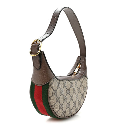 GG Supreme Monogram Textured Calfskin Web Mini Ophidia Half Moon Hobo Beige Ebony New Acero