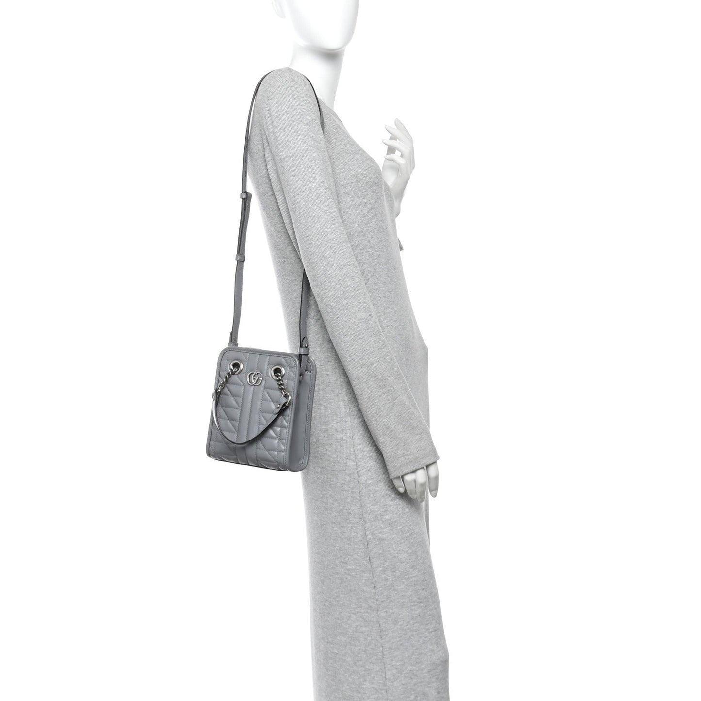 Calfskin Matelasse Chevron Mini GG Marmont Tote Grey