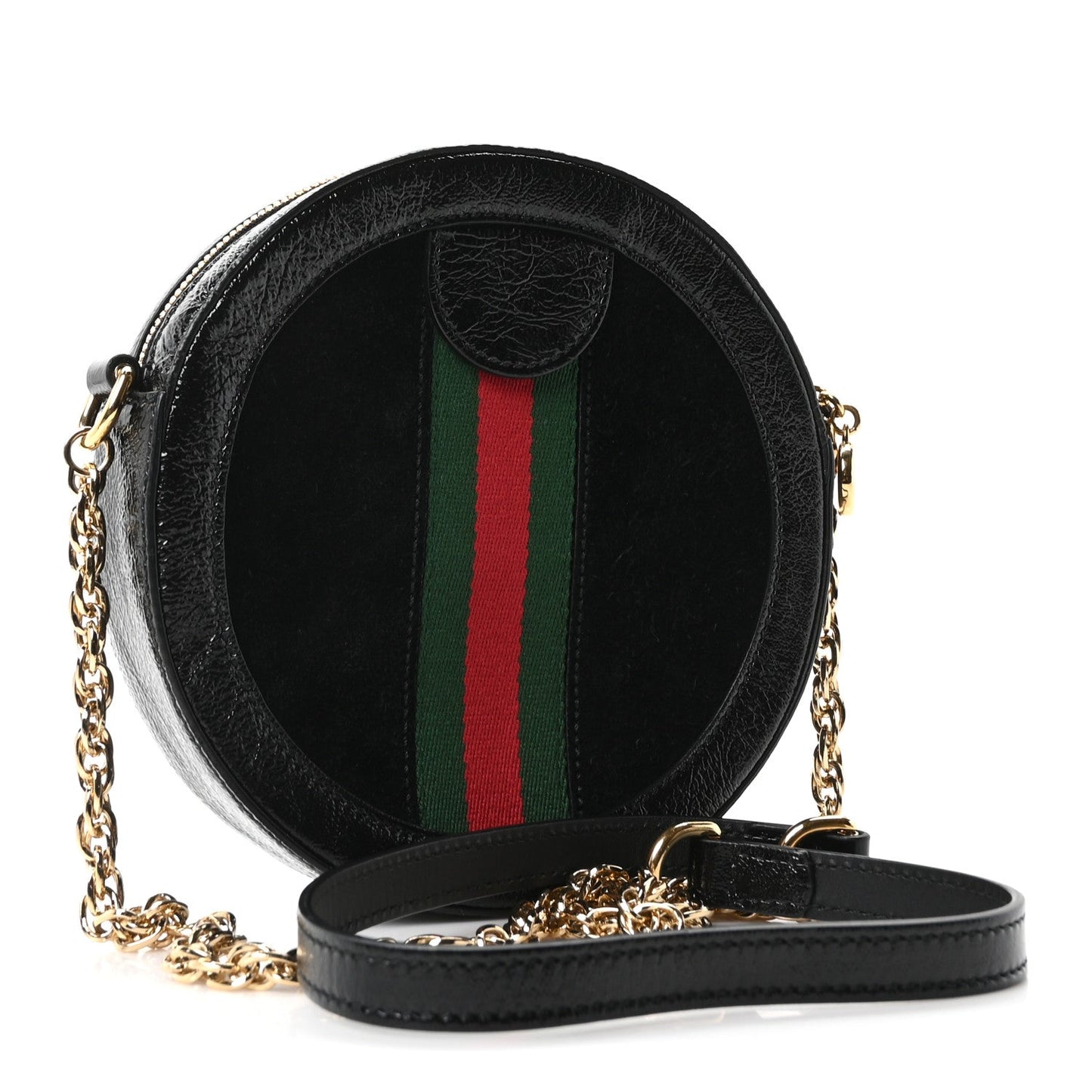 Suede Patent Web Mini Ophidia Round Shoulder Bag Black