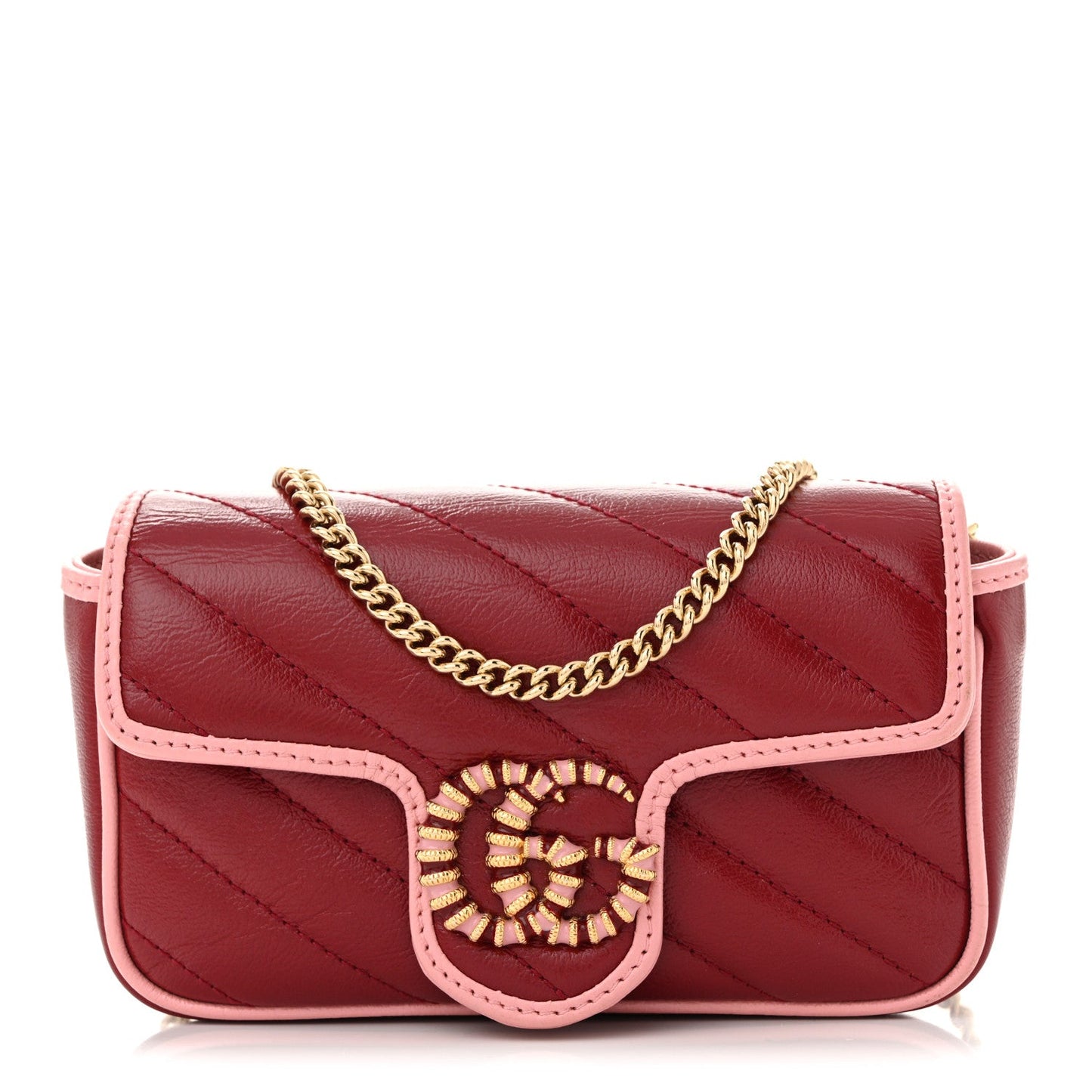 Azalea Calfskin Enamel Matelasse Diagonal Super Mini Torchon GG Marmont Shoulder Bag New Cherry Red Wild Rose