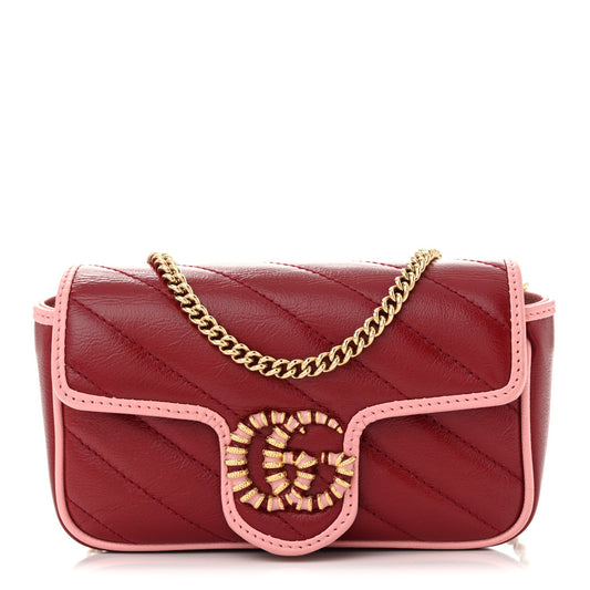 Azalea Calfskin Enamel Matelasse Diagonal Super Mini Torchon GG Marmont Shoulder Bag New Cherry Red Wild Rose