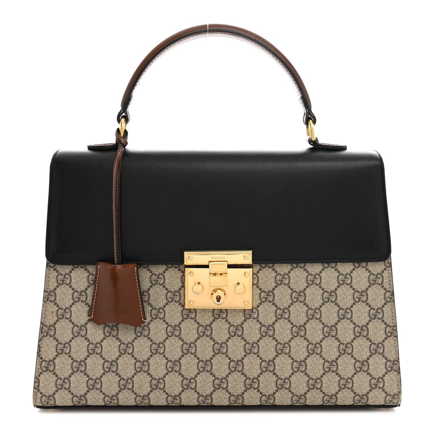 GG Supreme Monogram Calfskin Medium Padlock Top Handle Bag Beige Black Cuir