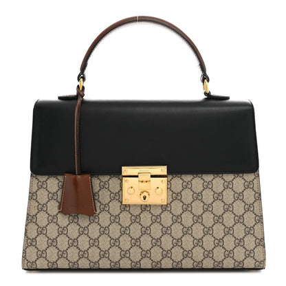 GG Supreme Monogram Calfskin Medium Padlock Top Handle Bag Beige Black Cuir