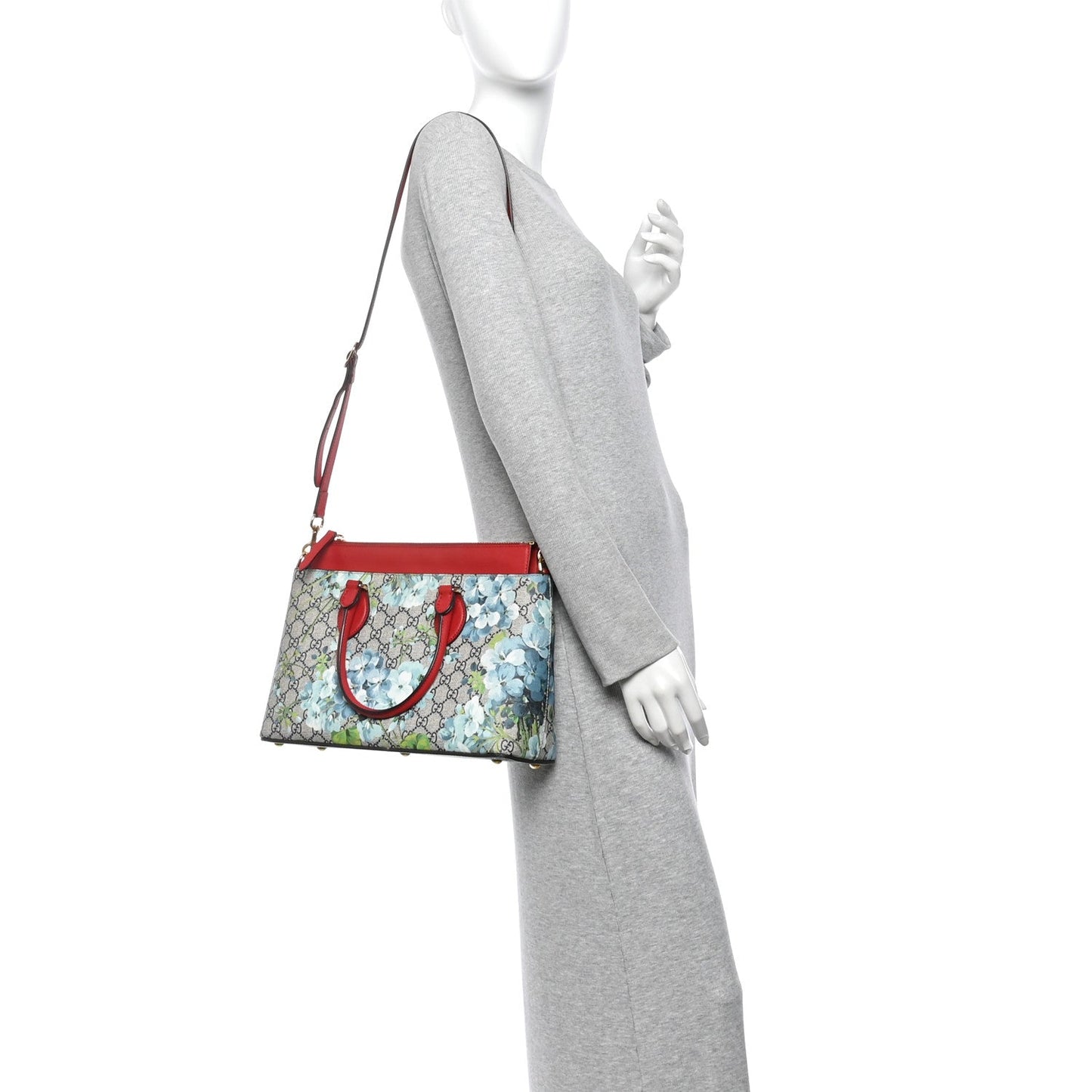 GG Supreme Monogram Blooms Small Zip Top Tote Beige Blue Navy Hibiscus Red