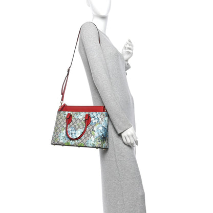 GG Supreme Monogram Blooms Small Zip Top Tote Beige Blue Navy Hibiscus Red