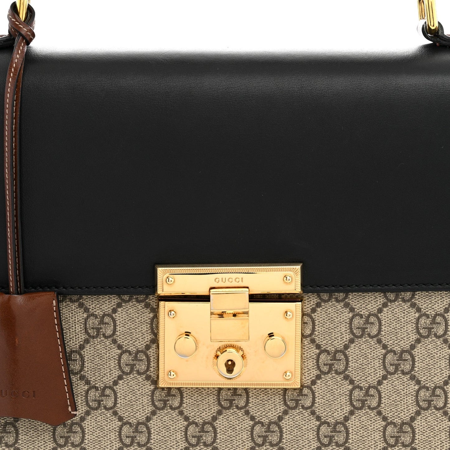 GG Supreme Monogram Calfskin Medium Padlock Top Handle Bag Beige Black Cuir