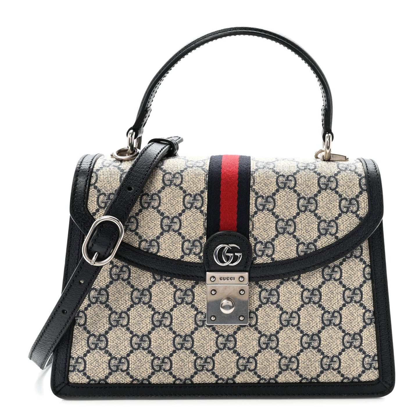 GG Supreme Monogram Textured Dollar Calfskin Web Small Ophidia Padlock Top Handle Bag Beige Blue