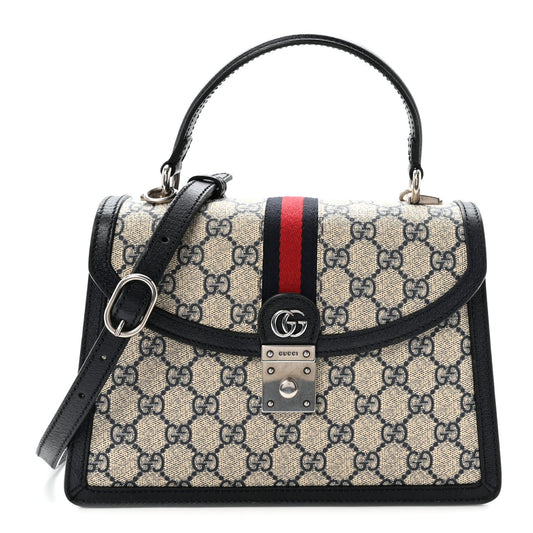 GG Supreme Monogram Textured Dollar Calfskin Web Small Ophidia Padlock Top Handle Bag Beige Blue