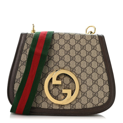 GG Supreme Monogram Textured Dollar Calfskin Web Medium Blondie Shoulder Flap Bag Beige Ebony New Acero