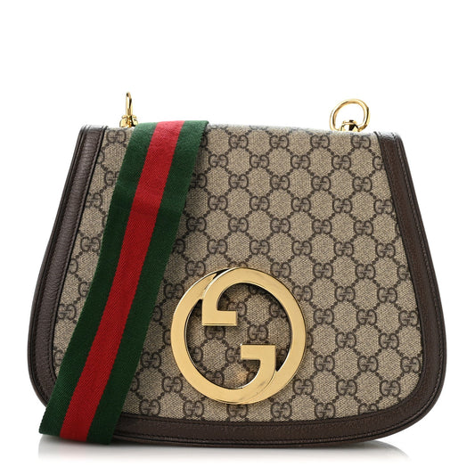 GG Supreme Monogram Textured Dollar Calfskin Web Medium Blondie Shoulder Flap Bag Beige Ebony New Acero