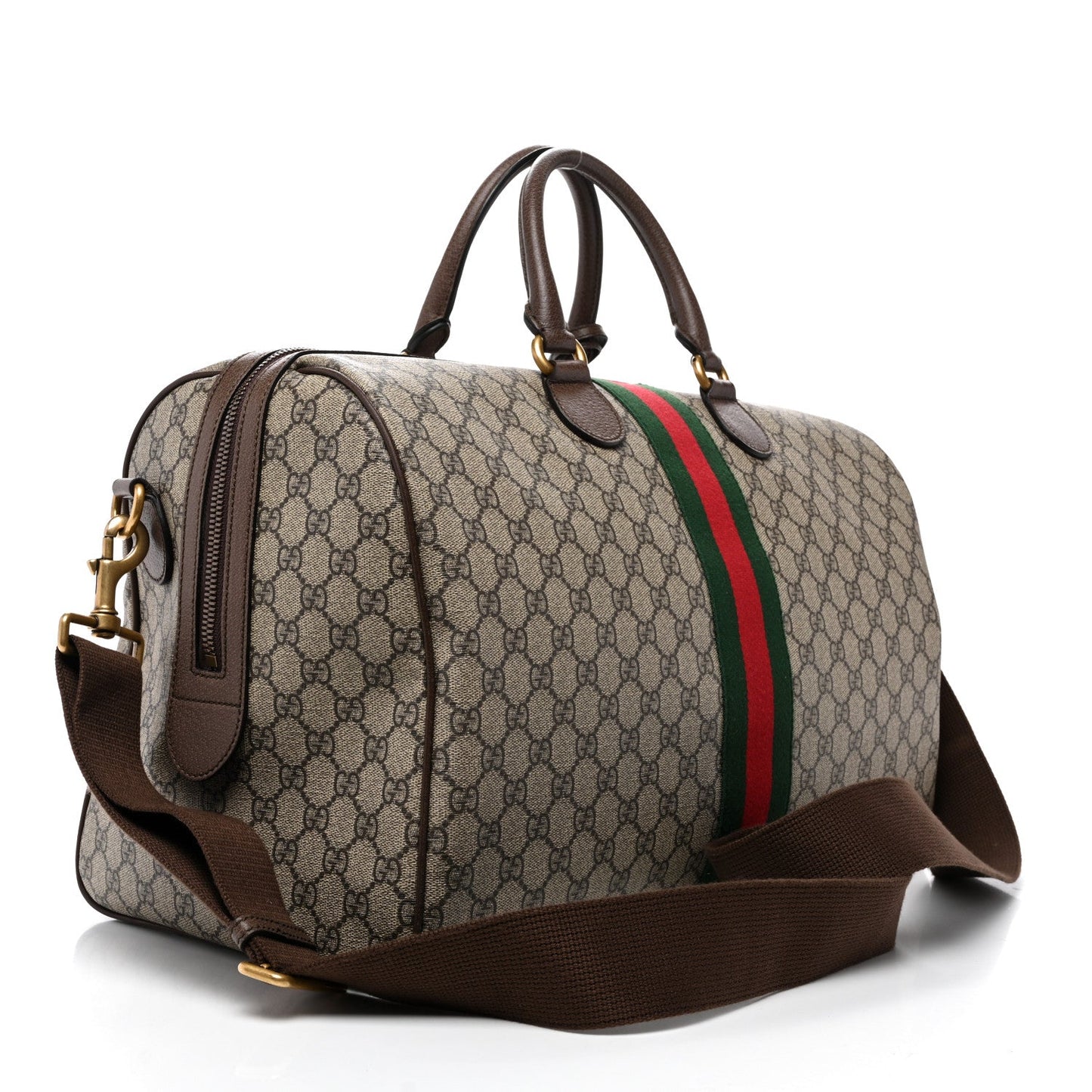 GG Supreme Monogram Textured Dollar Calfskin Web Medium Ophidia Carry-On Duffle Bag Beige Ebony New Acero