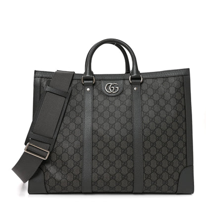 GG Supreme Monogram Textured Dollar Calfskin Large Ophidia Tote Bag Grey Black Graphite Grey