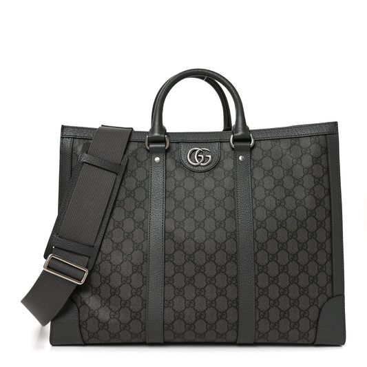 GG Supreme Monogram Textured Dollar Calfskin Large Ophidia Tote Bag Grey Black Graphite Grey