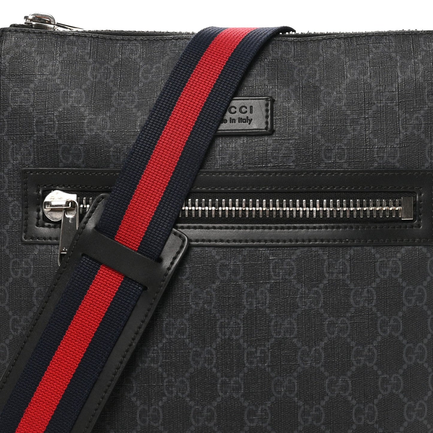 GG Supreme Monogram Appia Calfskin Web Flat Messenger Bag Black Grey
