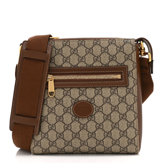 GG Supreme Monogram Azalea Calfskin Retro Interlocking G Flat Messenger Bag Beige Ebony Brown Sugar