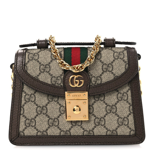 GG Supreme Monogram Textured Dollar Calfskin Web Mini Ophidia Padlock Top Handle Chain Shoulder Bag Beige Ebony New Acero