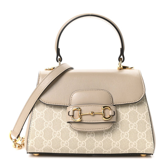 GG Supreme Monogram Azalea Calfskin Mini Horsebit 1955 Top Handle Flap Bag Beige Mystic White Oatmeal