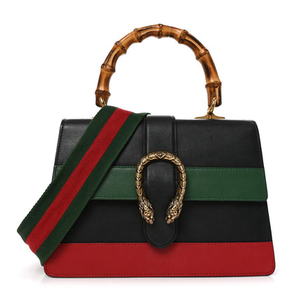 Moon Calfskin Bamboo Web Medium Dionysus Top Handle Bag Black Bright Evergreen Hibiscus Red