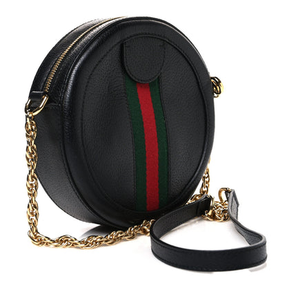 Grained Calfskin Web Mini Ophidia Round Shoulder Bag Black