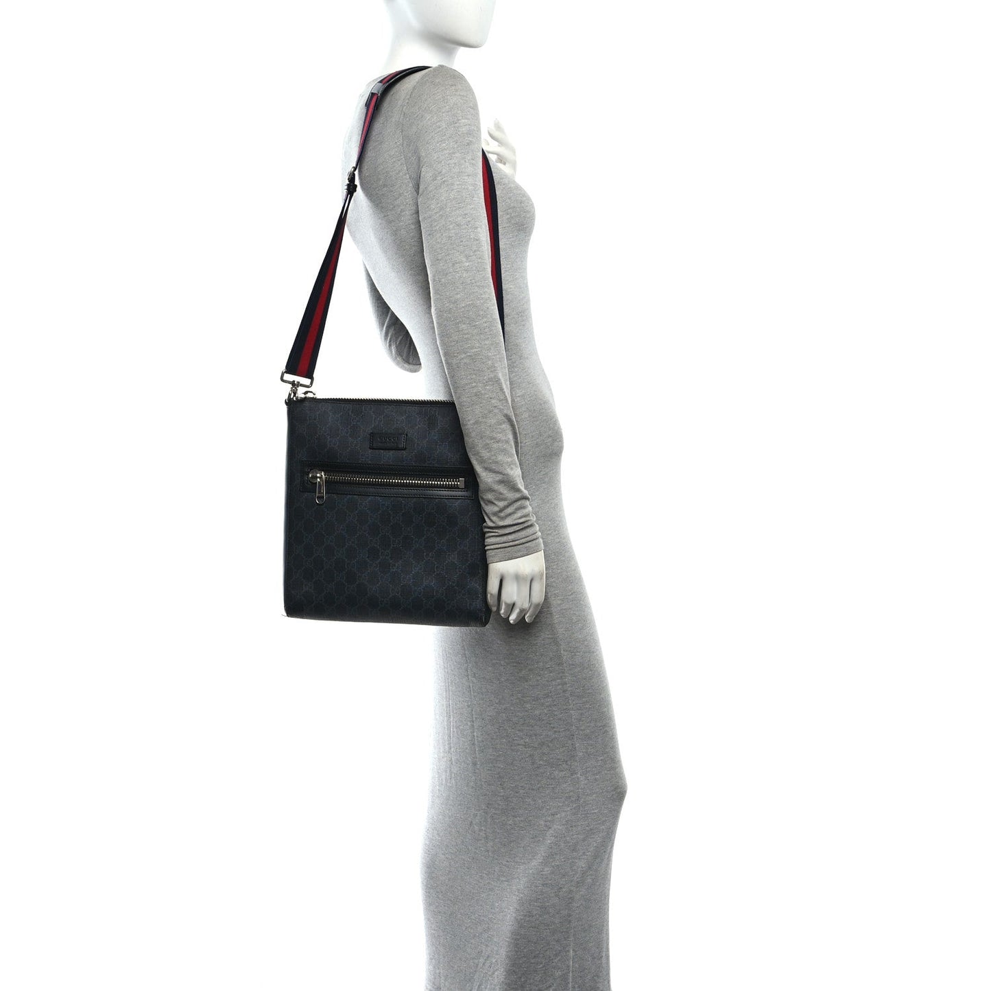 GG Supreme Monogram Appia Calfskin Web Flat Messenger Bag Black Grey