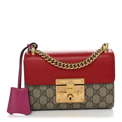 GG Supreme Monogram Calfskin Small Padlock Shoulder Bag Beige Hibiscus Red New Rosette