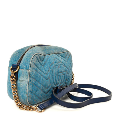 Denim Matelasse Small Pearly GG Marmont Chain Shoulder Bag Blue