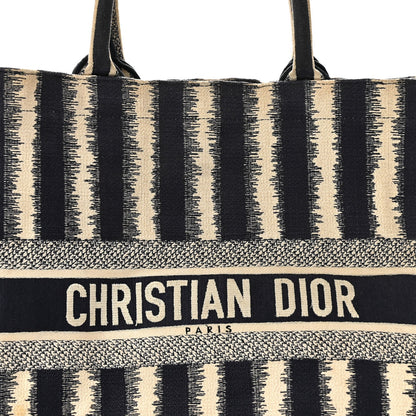 Canvas Embroidered Large Striped Book Tote Navy