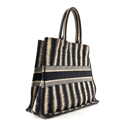 Canvas Embroidered Large Striped Book Tote Navy