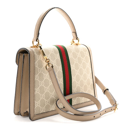 GG Supreme Monogram Textured Dollar Calfskin Web Small Ophidia Padlock Top Handle Bag Beige Mystic White Oatmeal