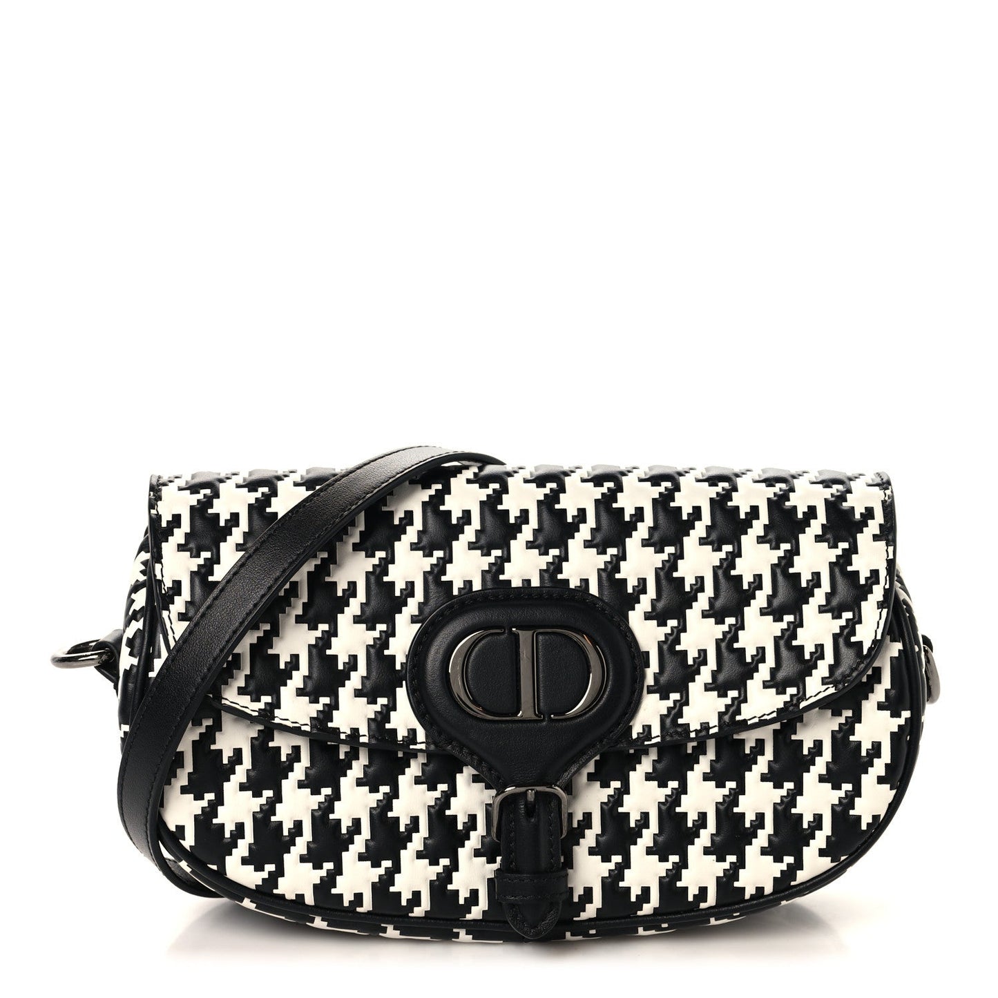 Box Calfskin Houndstooth Quilted East West Bobby Bag Black White