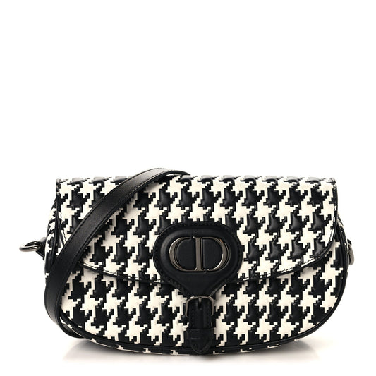 Box Calfskin Houndstooth Quilted East West Bobby Bag Black White