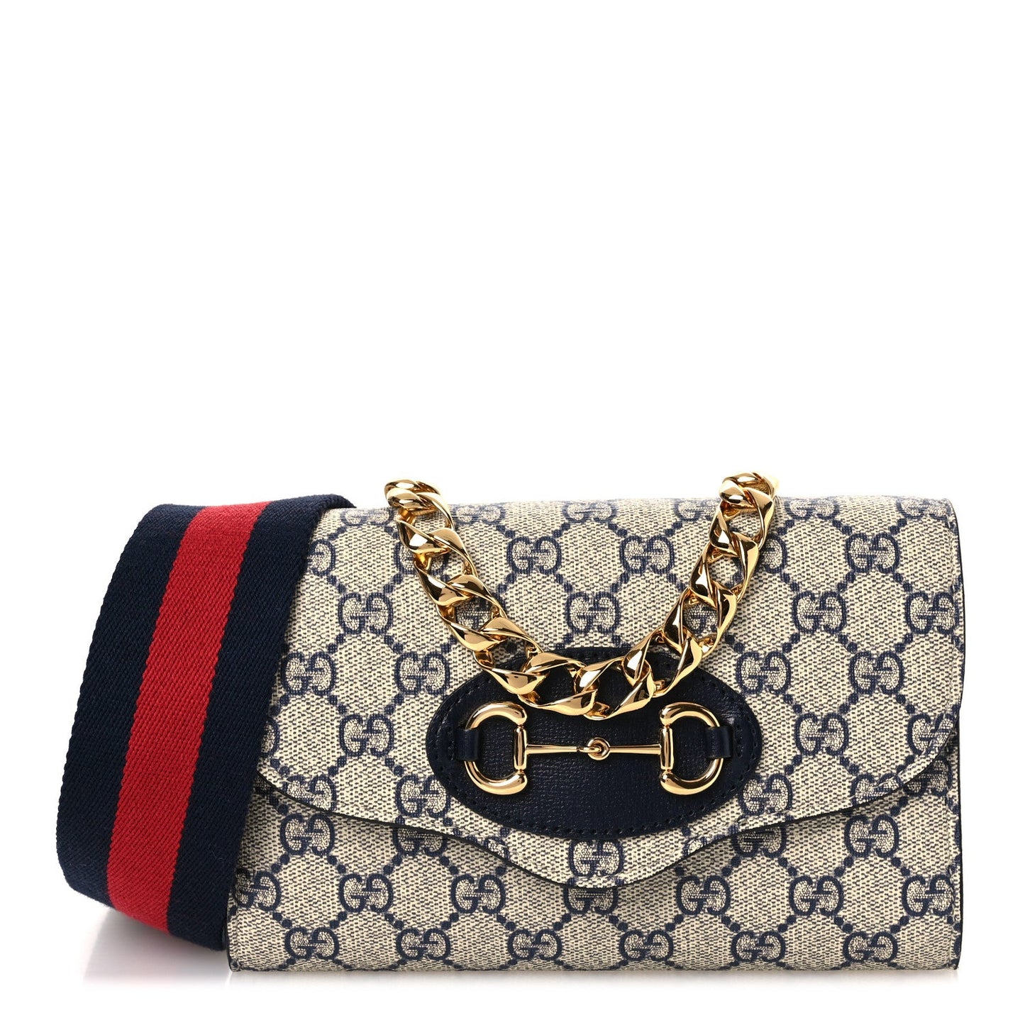 GG Supreme Monogram Azalea Calfskin Web Mini Horsebit 1955 Chain Shoulder Bag Beige Blue