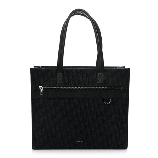 Grained Calfskin Oblique Jacquard Safari Tote  Black