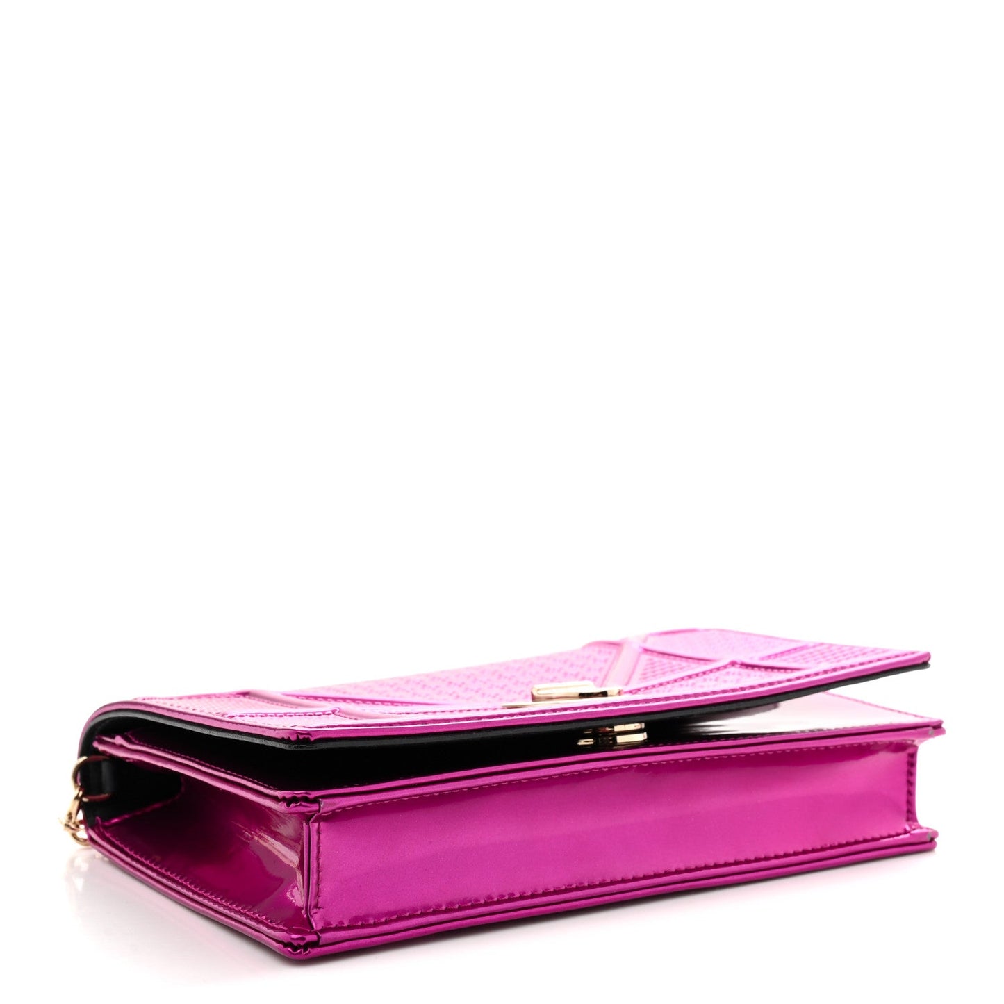 Metallic Patent Micro-Cannage Diorama Wallet on Chain Pouch Pink