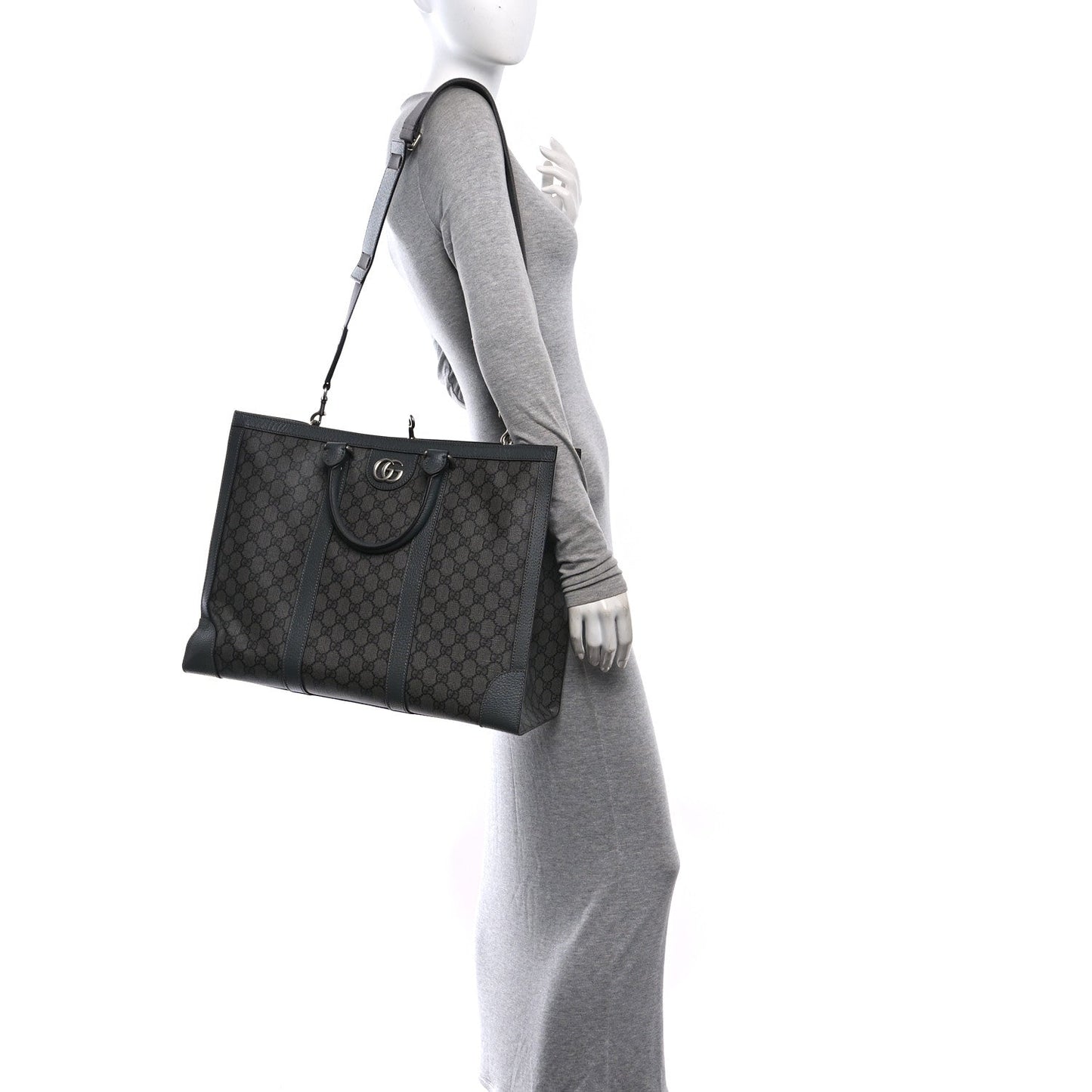 GG Supreme Monogram Textured Dollar Calfskin Large Ophidia Tote Bag Grey Black Graphite Grey