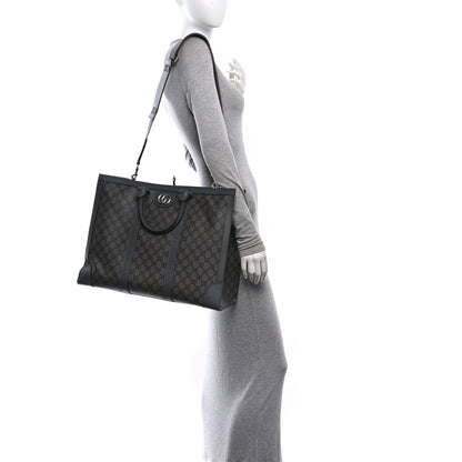 GG Supreme Monogram Textured Dollar Calfskin Large Ophidia Tote Bag Grey Black Graphite Grey