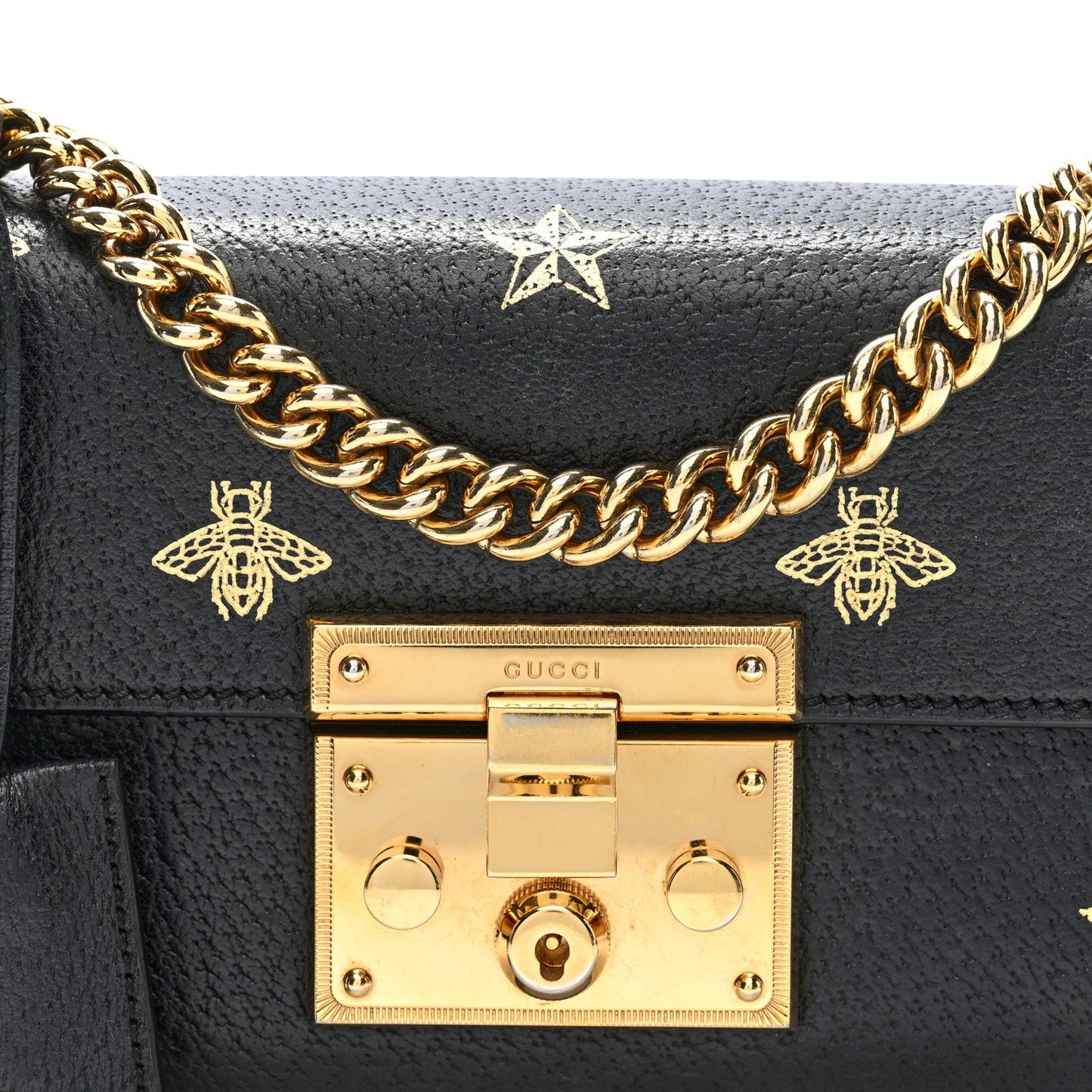 Grained Calfskin Bee Star Small Padlock Shoulder Bag Black