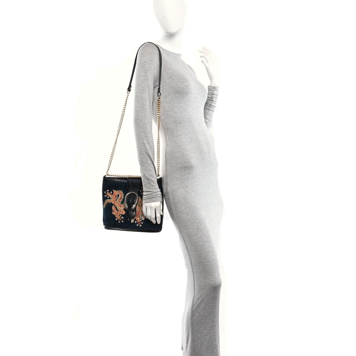 Suede Patent Dragon Embroidered Medium Dionysus Bucket Bag Dark Blue