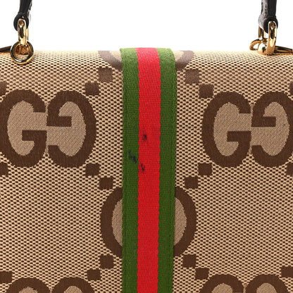 Monogram Jumbo GG Textured Dollar Calfskin Web Small Ophidia Padlock Top Handle Bag Camel Ebony New Acero