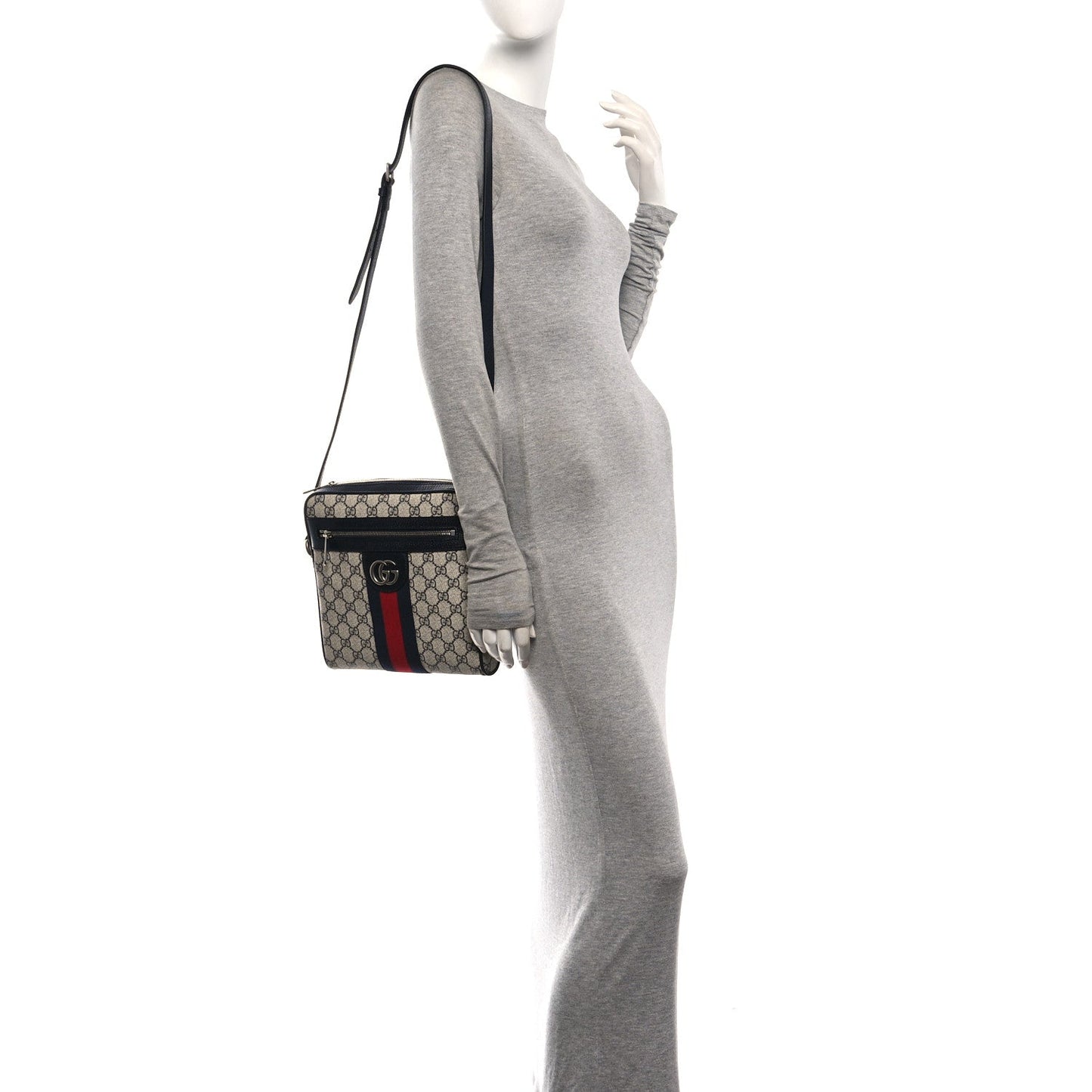 GG Supreme Monogram Textured Dollar Calfskin Web Small Ophidia Messenger Bag Beige Blue