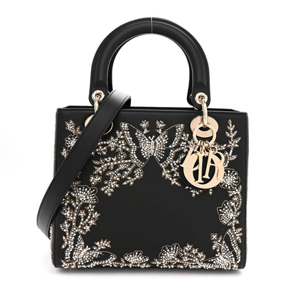 Calfskin Beaded Embroidered Ramage Butterfly Medium Lady Dior Black White Black White