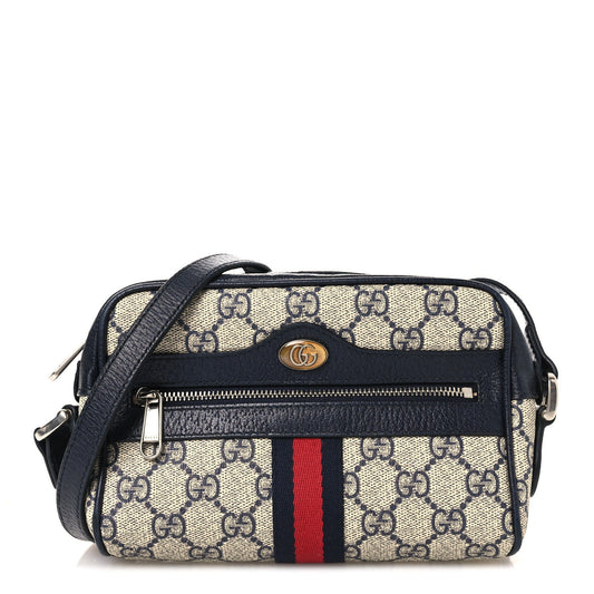 GG Supreme Monogram Textured Dollar Calfskin Web Mini Ophidia Shoulder Bag Beige Blue