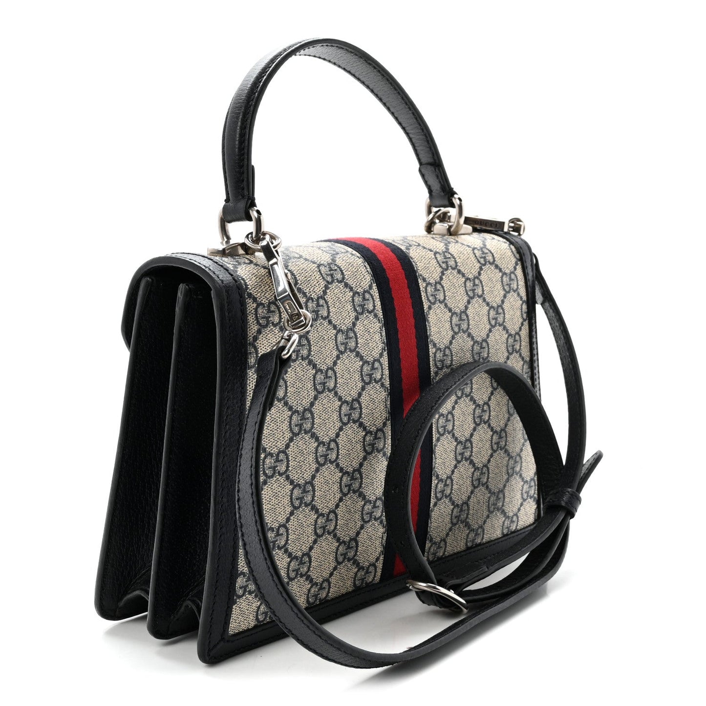 GG Supreme Monogram Textured Dollar Calfskin Web Small Ophidia Padlock Top Handle Bag Beige Blue